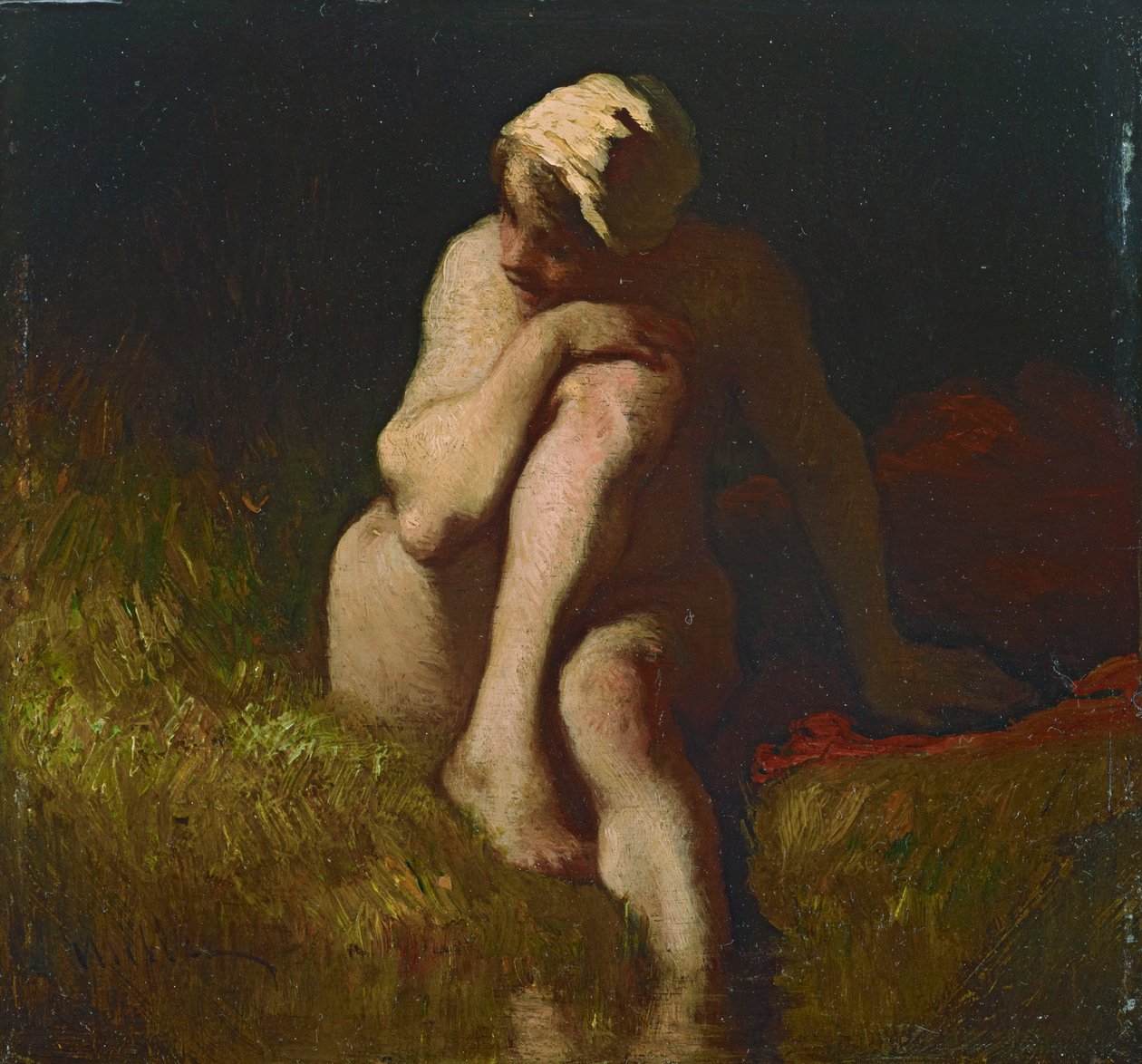 Nacktes Bauernmädchen an der Böschung eines Baches sitzend da Jean-Francois Millet