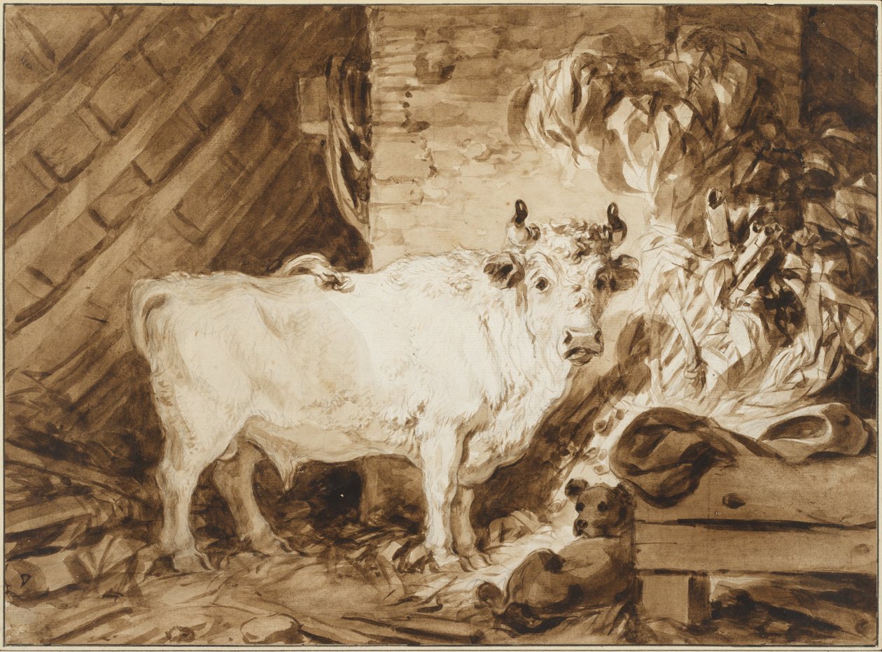 Toro bianco e un cane in una stalla da Jean Honore Fragonard