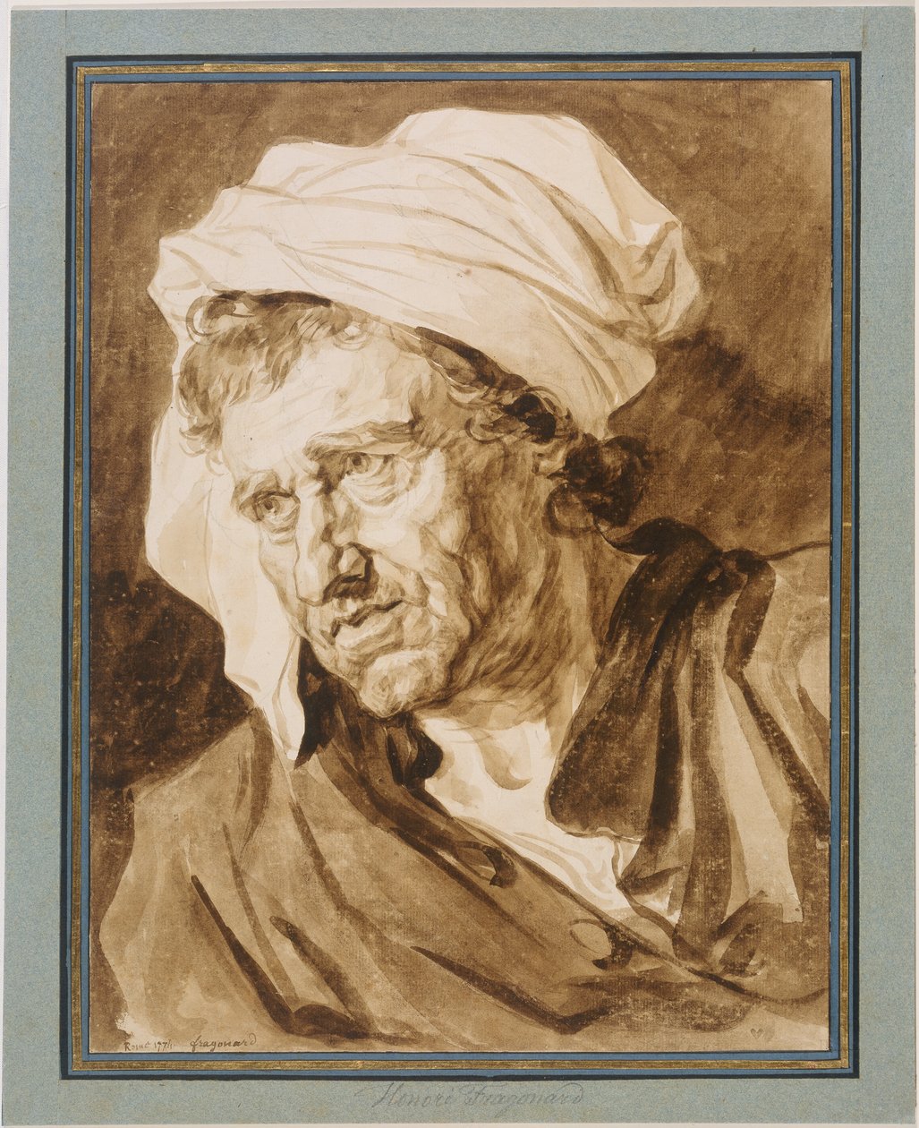 Kopf eines Mannes mit weißem Turban da Jean-Honore Fragonard