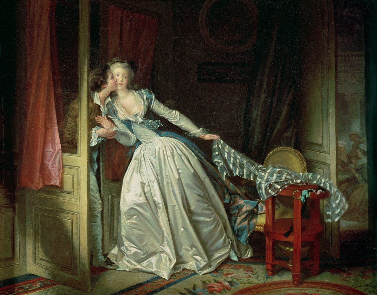Le baiser a la derobee (olio su tela) da Jean-Honore Fragonard
