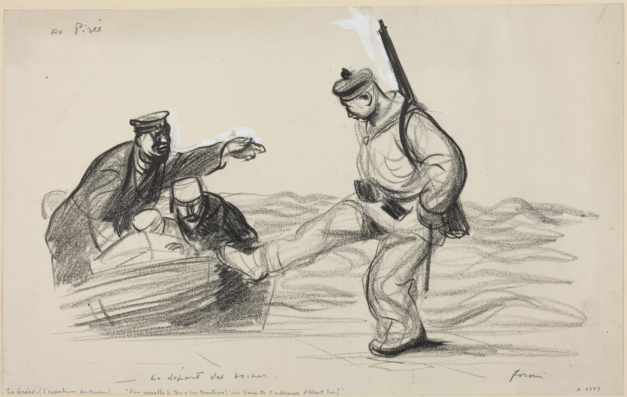 Au Piree. -Le depart des boches., 1914-1919 circa (disegno) da Jean-Louis & Caran D
