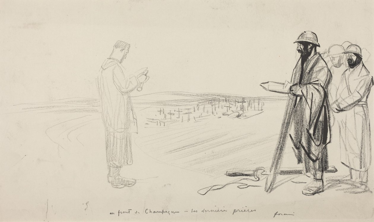 Al fronte dello Champagne - Le ultime preghiere, 1914-1919 circa (inchiostro nero su carta) da Jean-Louis & Caran D
