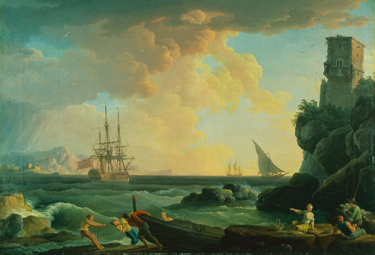 Scena di porto mediterraneo con pescatori da Jean (1734-1784) Henry