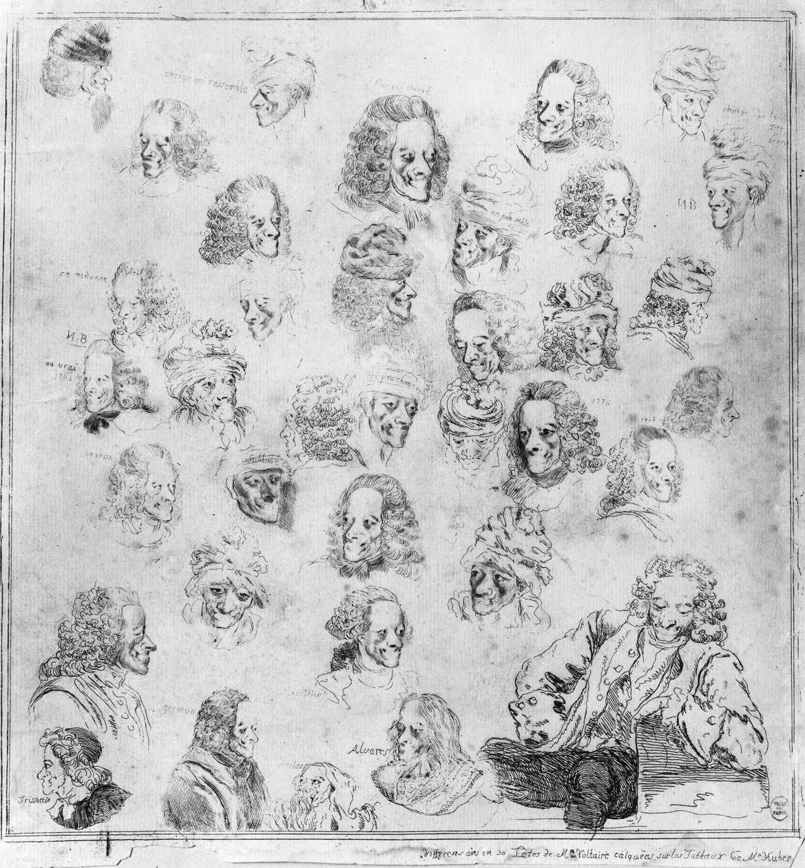 Diversi ritratti di Voltaire. Ritratti di François Marie Arouet, detto Voltaire (1694-1778) "diverse fisionomie di Voltaire". Acquaforte attribuita a Dominique Vivant-Denon (Vivant Denon) (1747-1825) dopo Jean Huber (1721-1786). Museo C da Jean (after) Huber