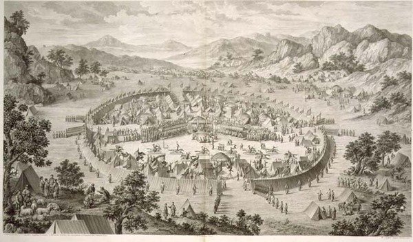 Tchao-Hoei Occupa le sue Truppe con Esercizi e Giochi Militari nel 1758, tavola 5 da una serie di stampe che rappresentano le conquiste di Qianlong, l