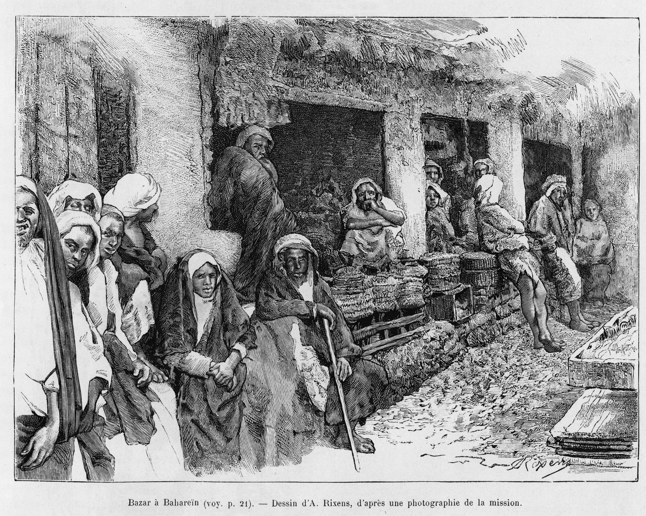 Bazaar a Bahrain, Ciad. Incisione di A.Rixens per illustrare la storia 