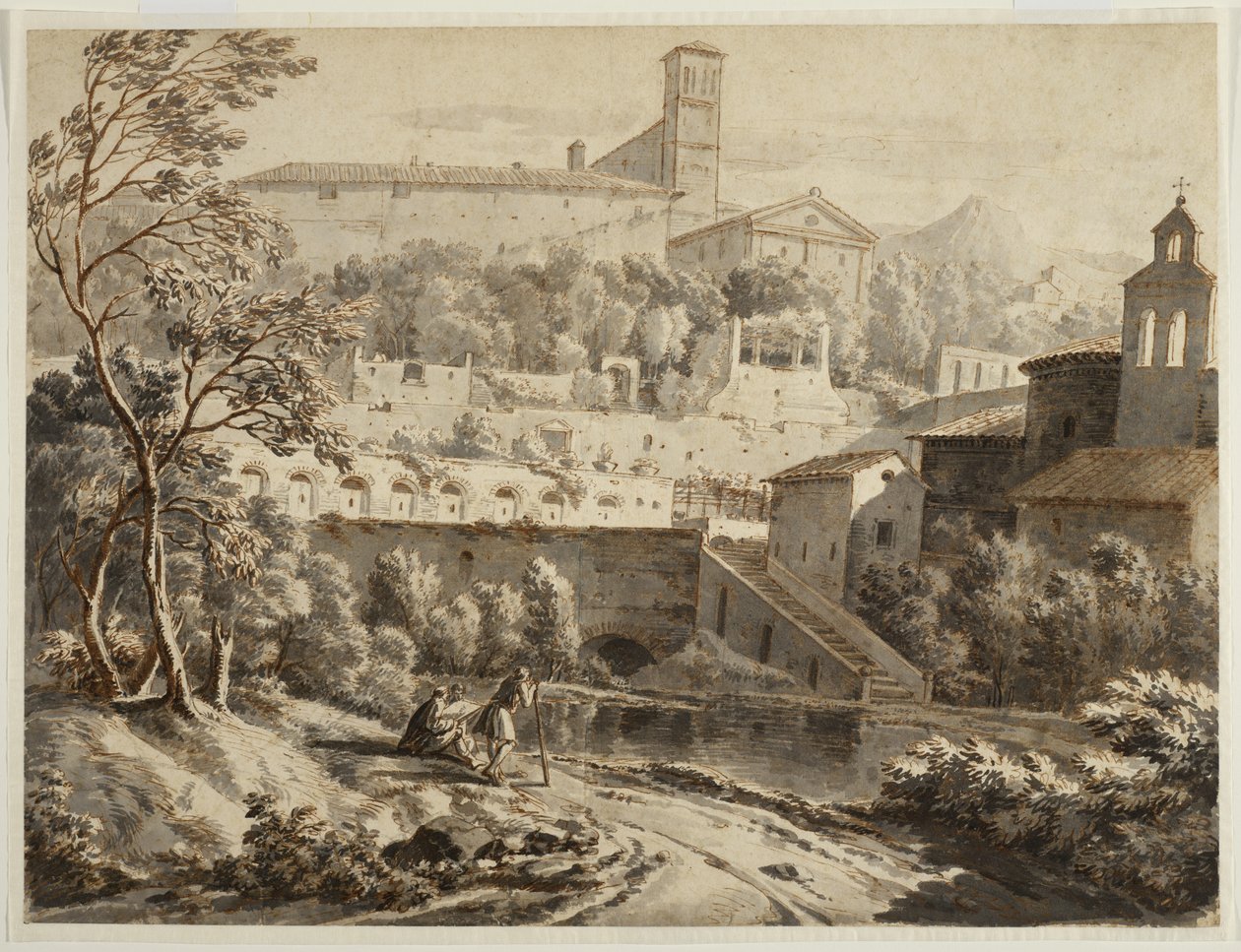 Un artista che disegna lungo una riva del fiume, sotto una città italiana, c.1780 da Jean Antoine Constantin