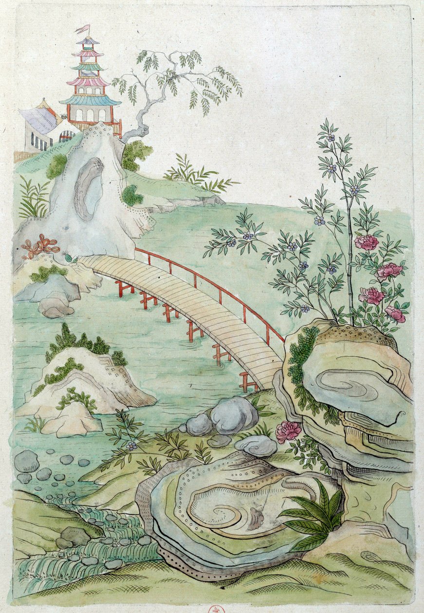 Disegno da un vaso cinese: paesaggio con ponte da Jean Antoine Fraisse