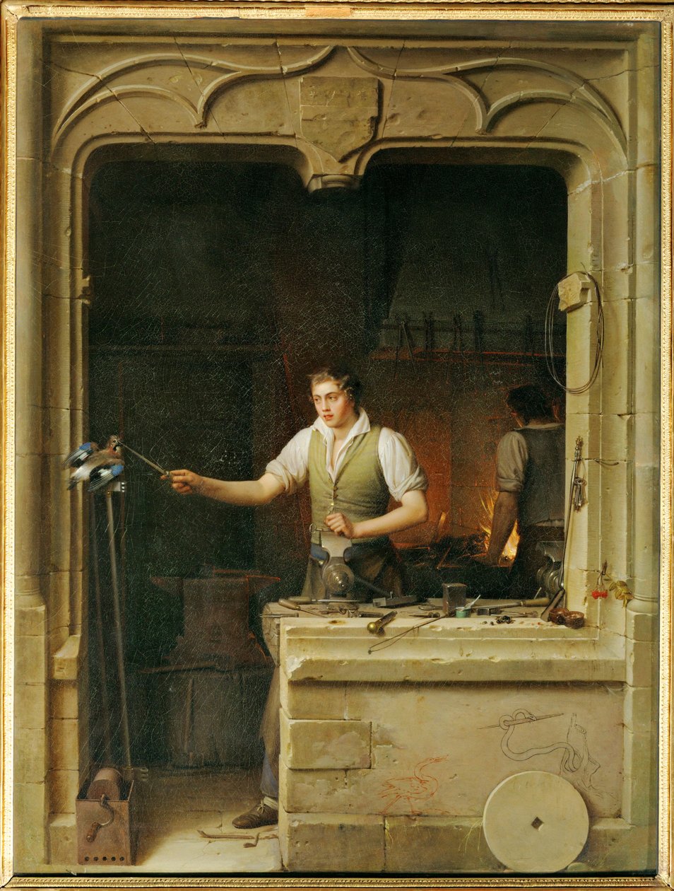 Un serrurier cherche a faire mordre sa lime a un geai- Un fabbro cerca di far mordere a una ghiandaia il suo cricchetto ... da Jean Antoine Laurent