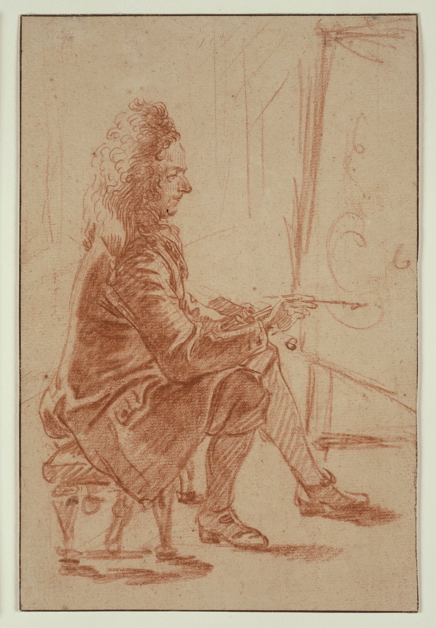 Un pittore con gli occhi bistrati (forse Claude Audran), seduto al suo cavalletto, visto di profilo da Jean Antoine Watteau