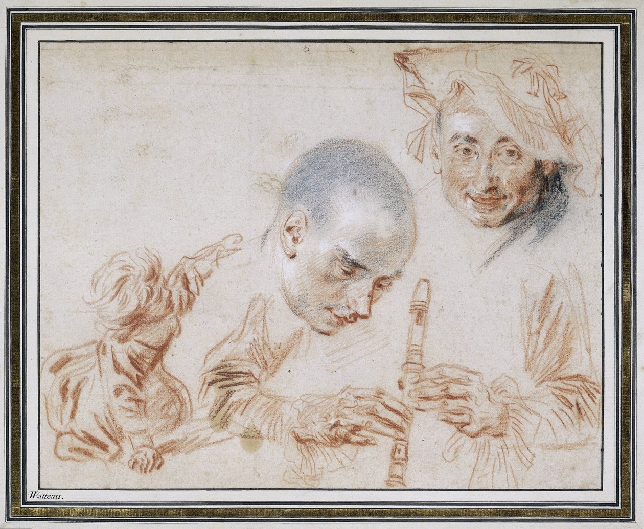 Bambino accovacciato, due teste maschili, una con berretto, braccia e mani di un suonatore di flauto da Jean Antoine Watteau