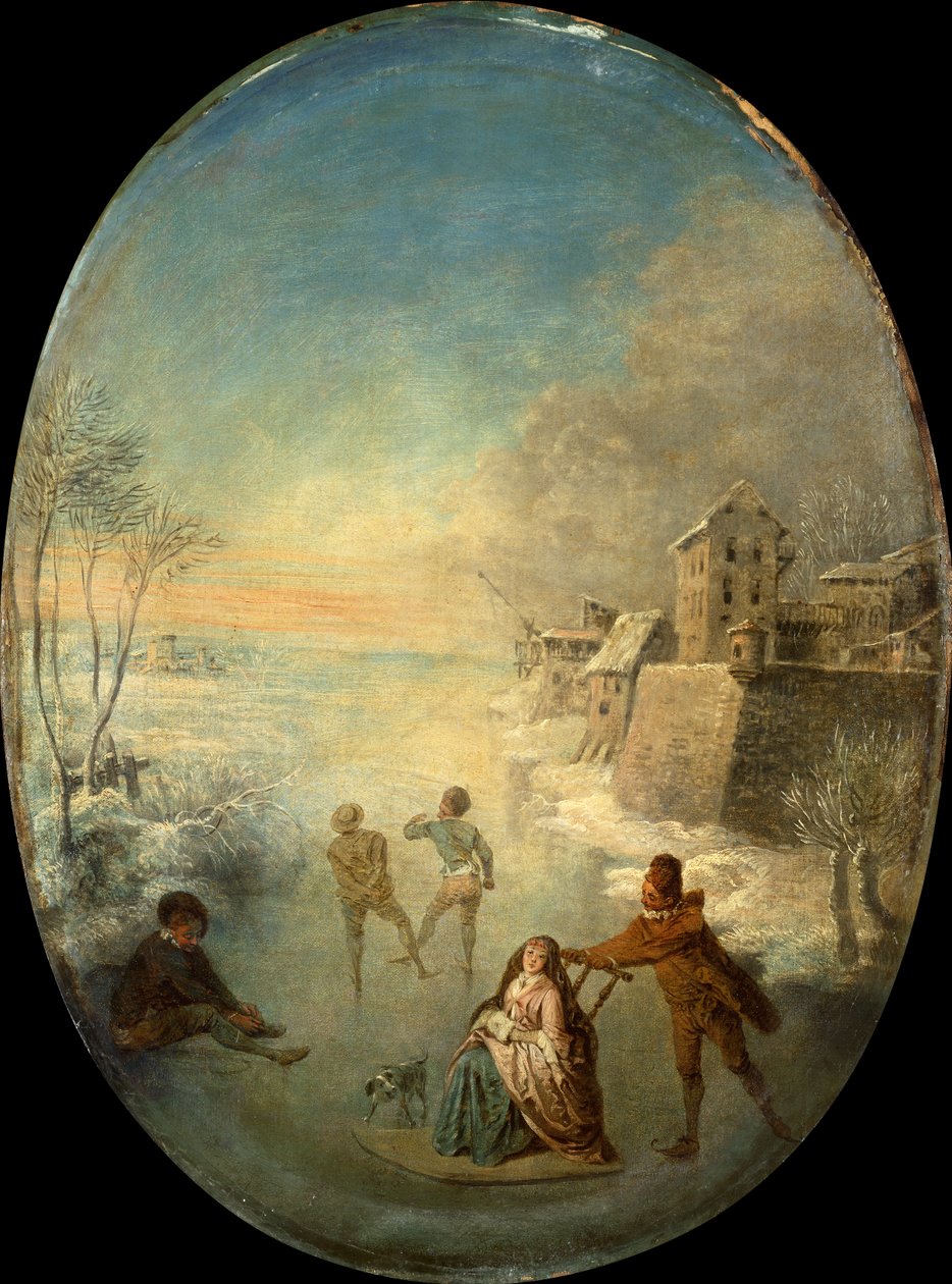 Gentiluomini sul ghiaccio vicino a una città murata in inverno da Jean Antoine Watteau