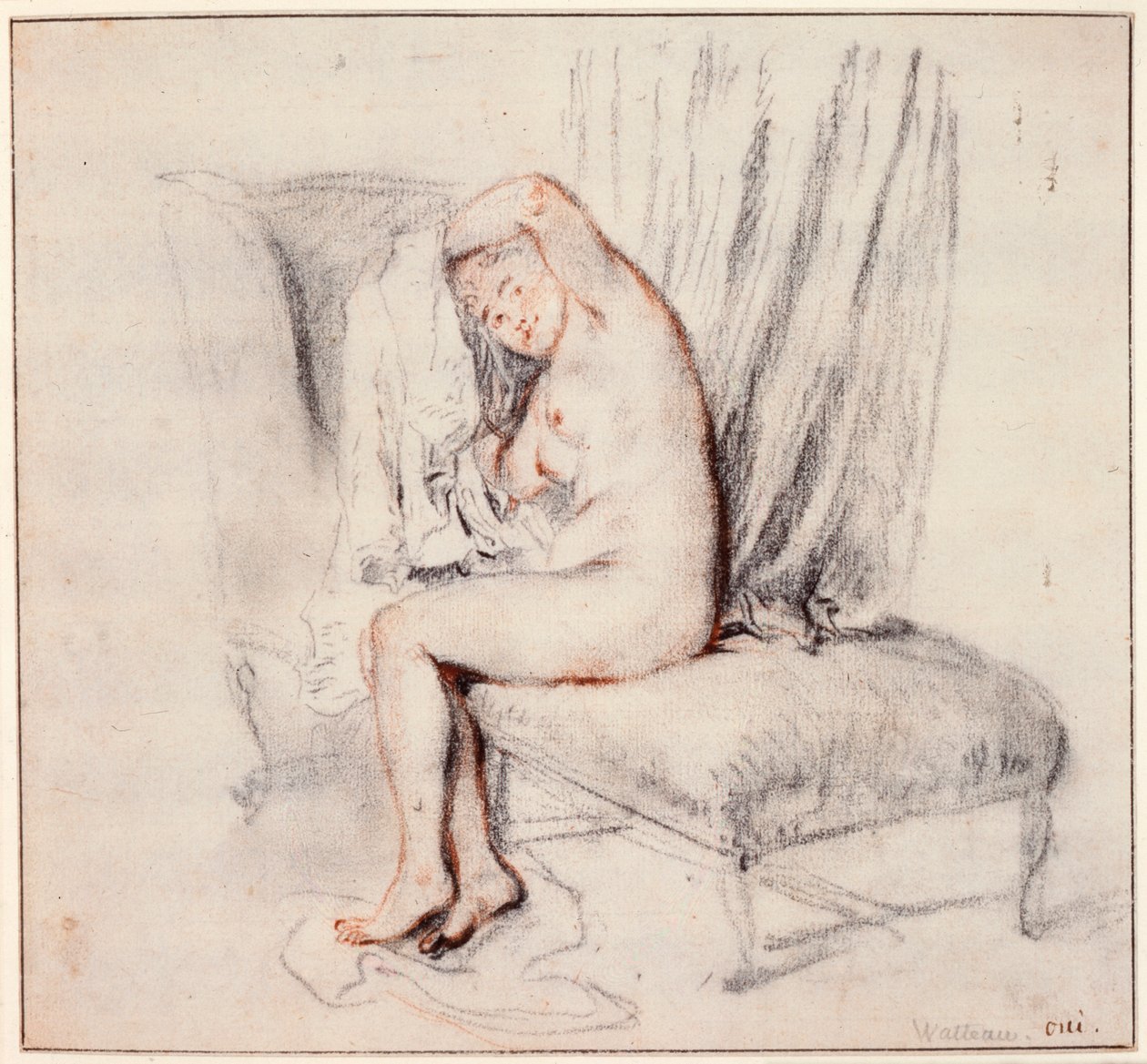 Donna nuda seduta su una chaise longue, che si mette la camicia da Jean Antoine Watteau