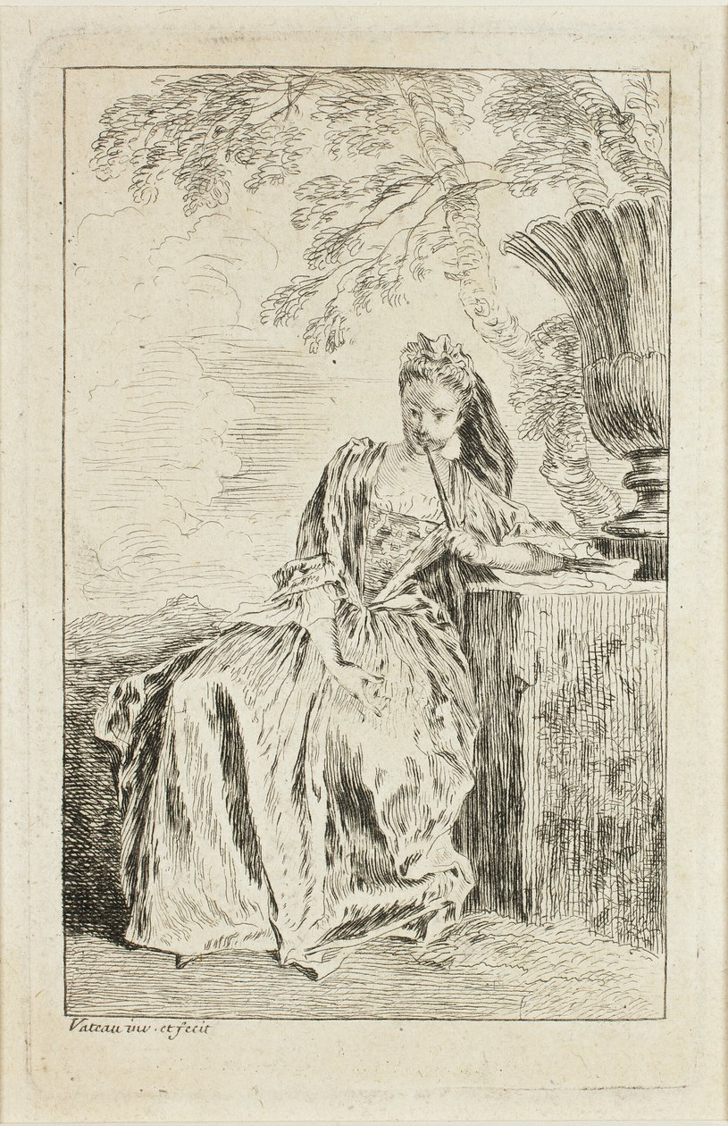 Donna seduta, appoggiata a un piedistallo da Jean Antoine Watteau