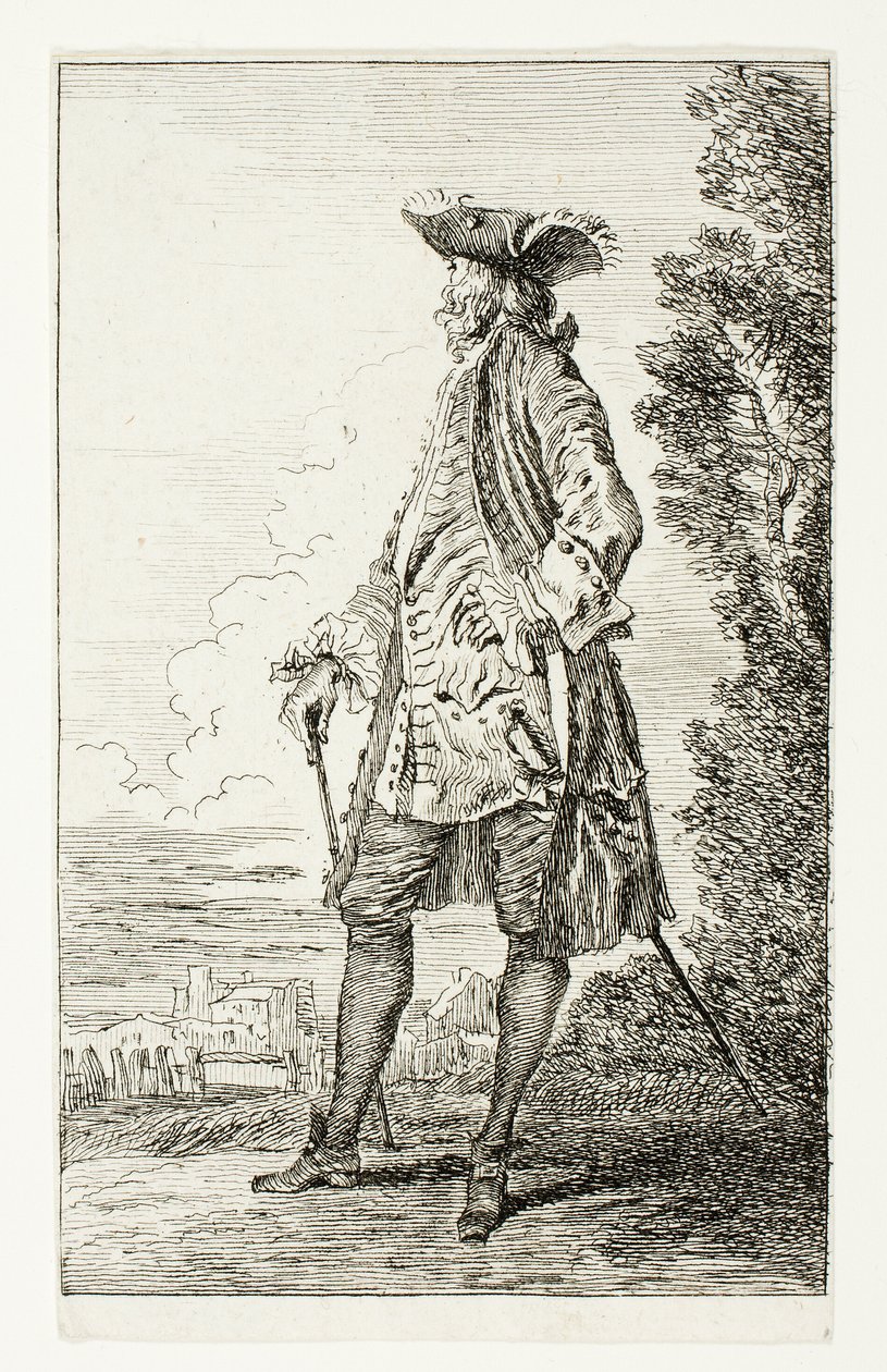 Uomo in piedi con cappello, rivolto a sinistra, da Figures de Modes da Jean Antoine Watteau