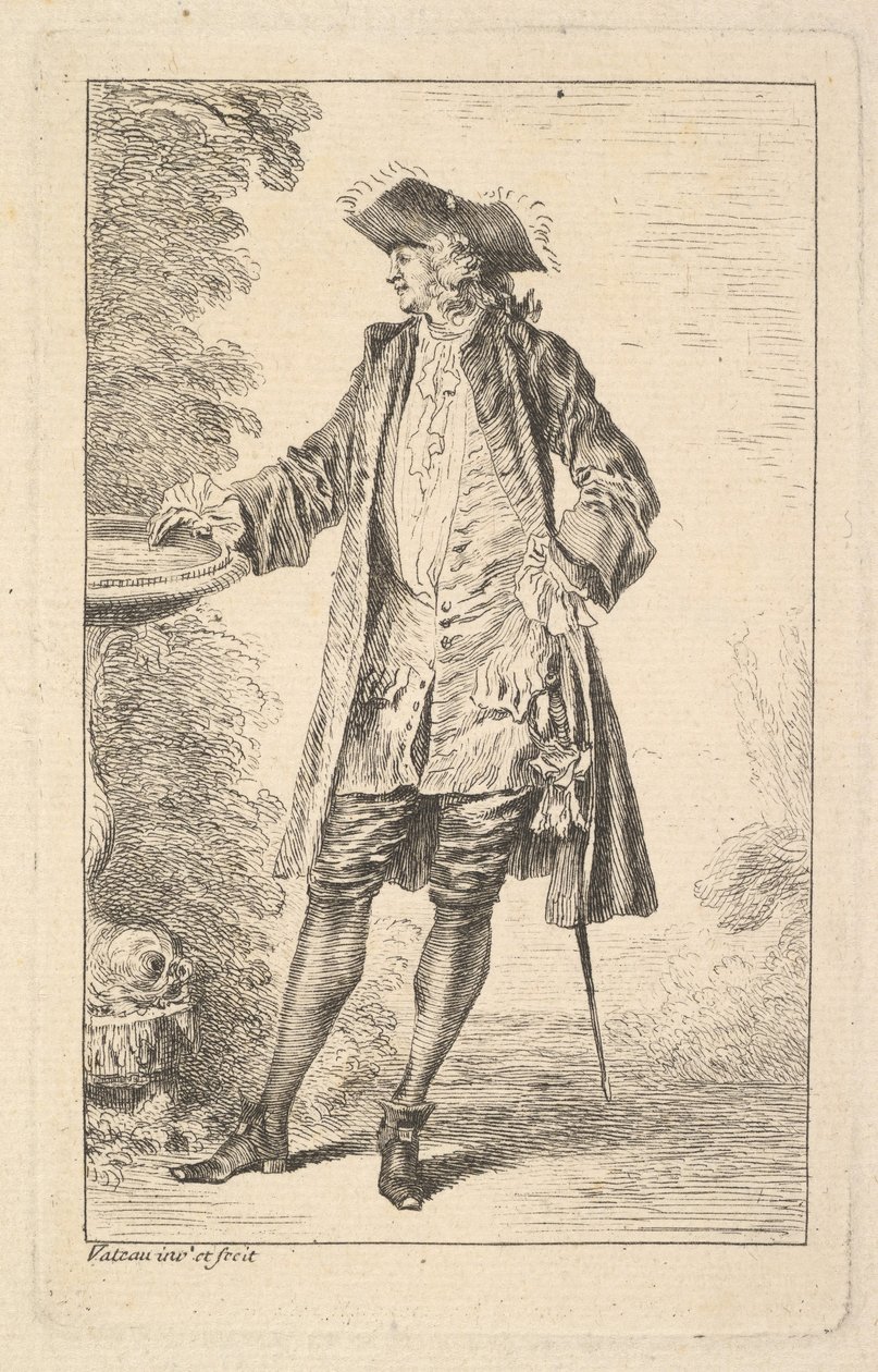 Uomo in piedi con la mano destra appoggiata su un bacino, mostrato in vista di tre quarti, ca. 1710 da Jean Antoine Watteau