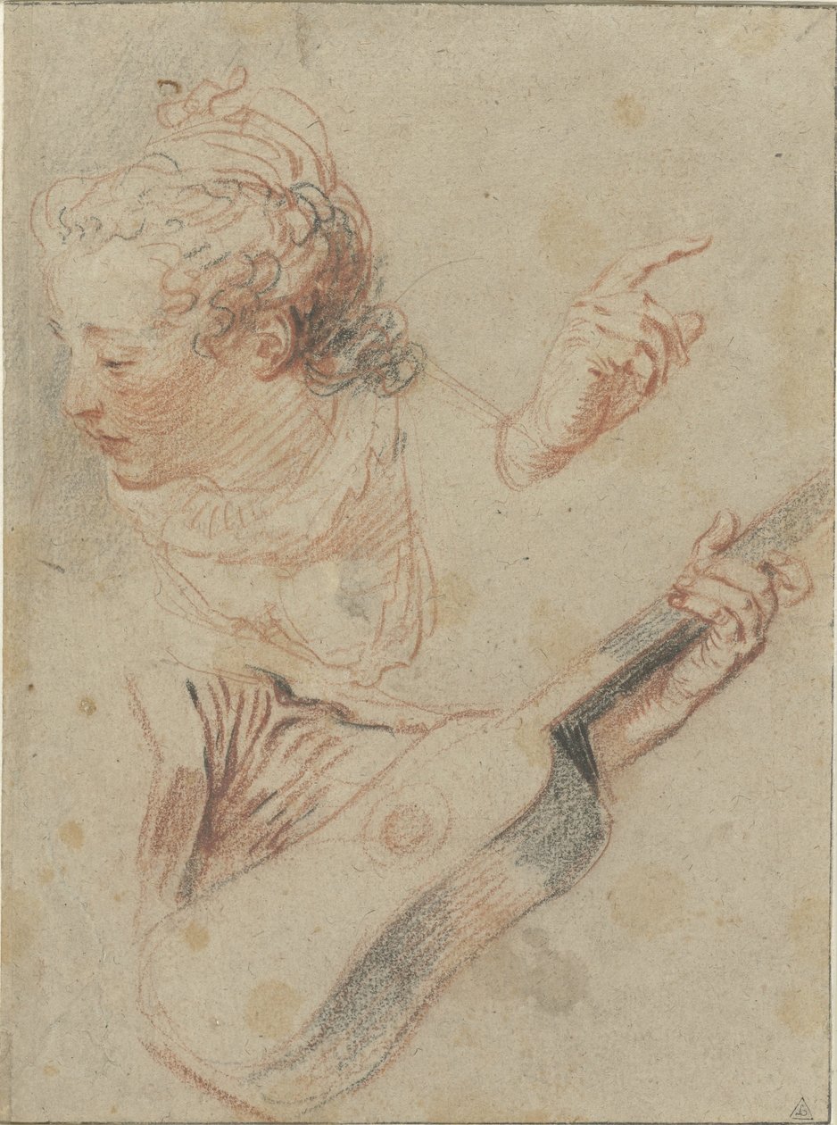 Foglio di studio con testa di ragazza che guarda in basso, una chitarra e le mani che la suonano da Jean Antoine Watteau