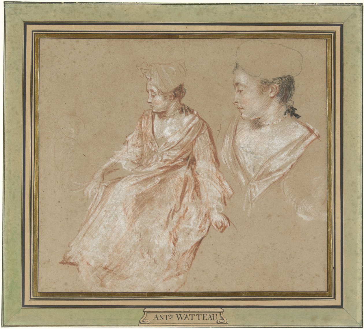 Studi di una donna seduta e un dettaglio della sua testa e spalle da Jean Antoine Watteau
