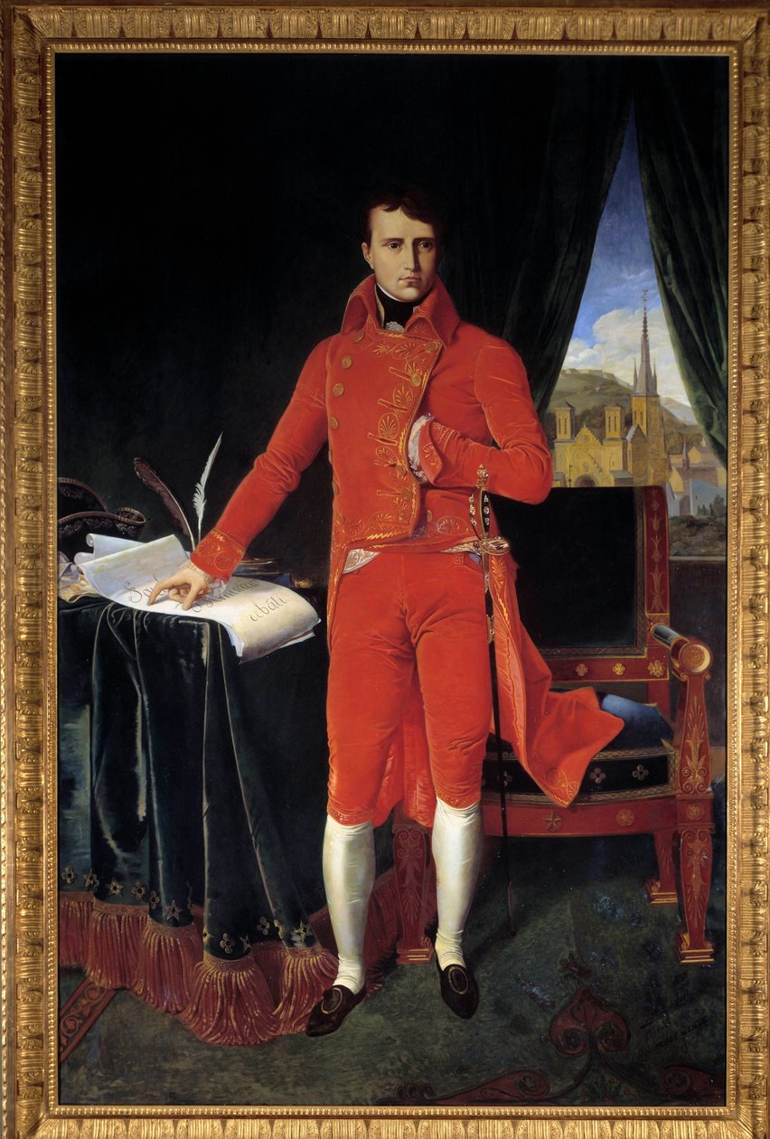 Ritratto in piedi di Napoleone Bonaparte (1769-1821) come Primo Console Dipinto di Joseph Pel dopo Jean-Auguste-Dominique Ingres (Jean Auguste Dominique) (1780-1867) 1929 Sole. 1,2x2,2 m. Malmaison, Museo del castello da Jean Auguste Dominique (after) Ingres