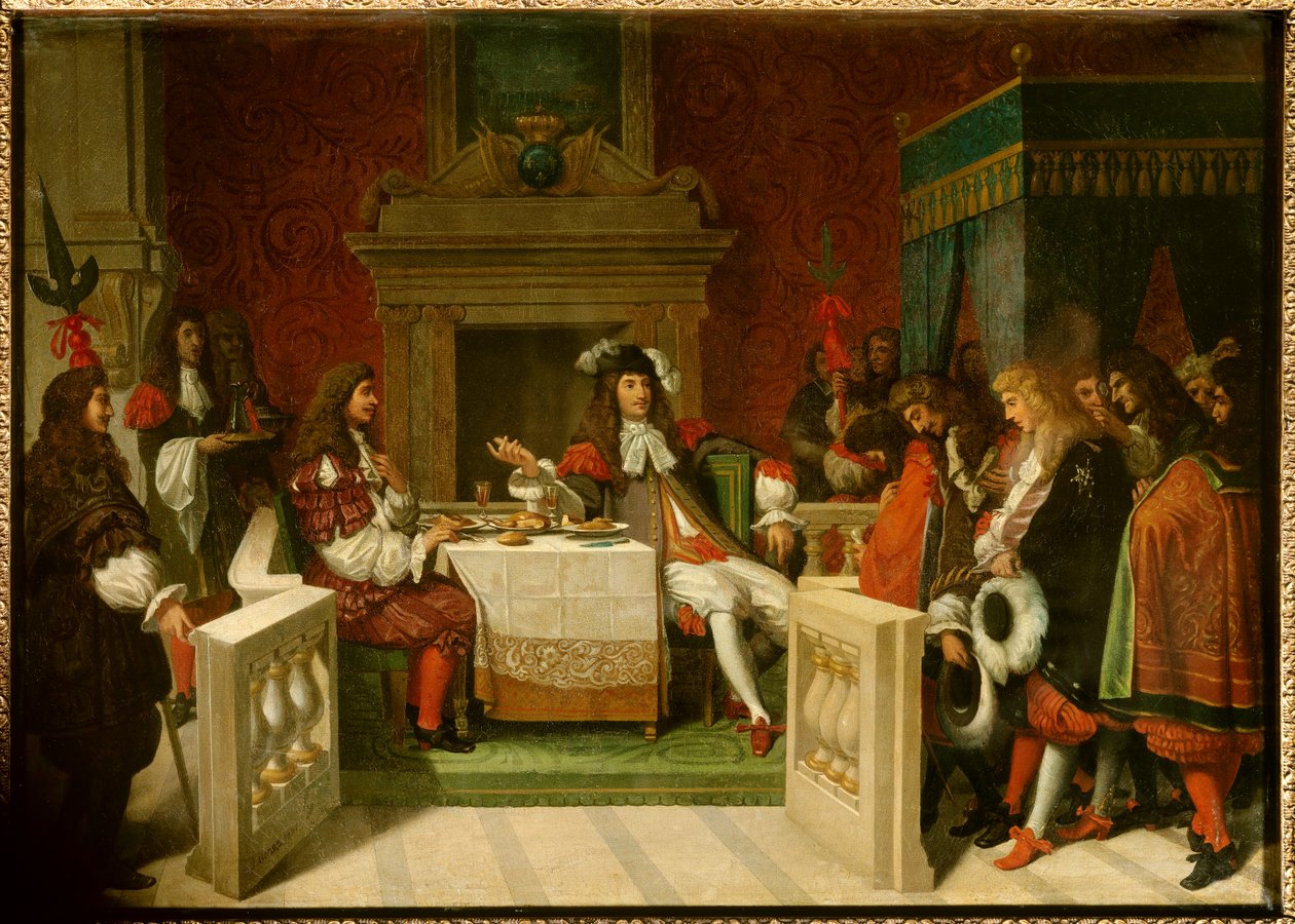 Luigi XIV e Molière: Re Luigi XIV (1638-1715) e Jean Baptiste Poquelin detto Molière (1622-1673) a tavola davanti ai cortigiani da Jean Auguste Dominique Ingres