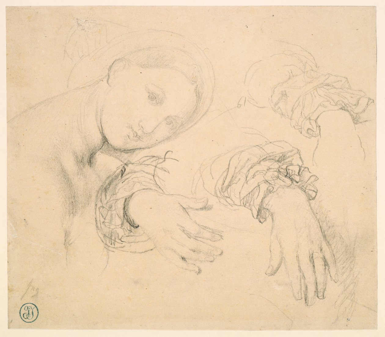 Foglio di studi con la testa della Fornarina e le mani di Madame de Senonnes da Jean Auguste Dominique Ingres