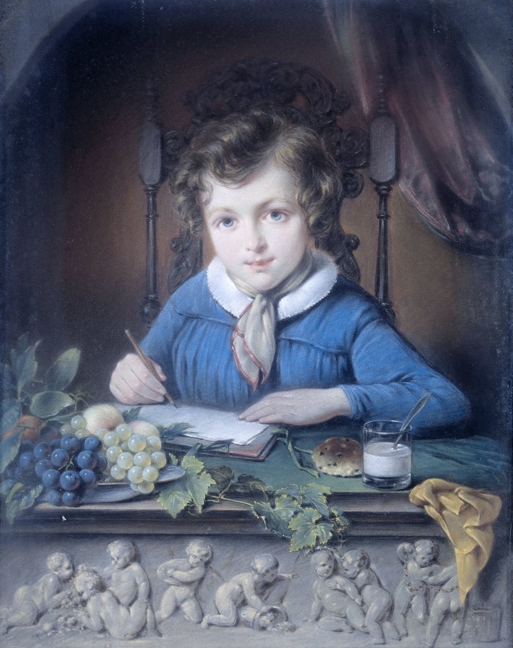 Ritratto di un ragazzo, seduto in una nicchia della finestra e vestito con una giacca blu da Jean Augustin Daiwaille (attributed to)