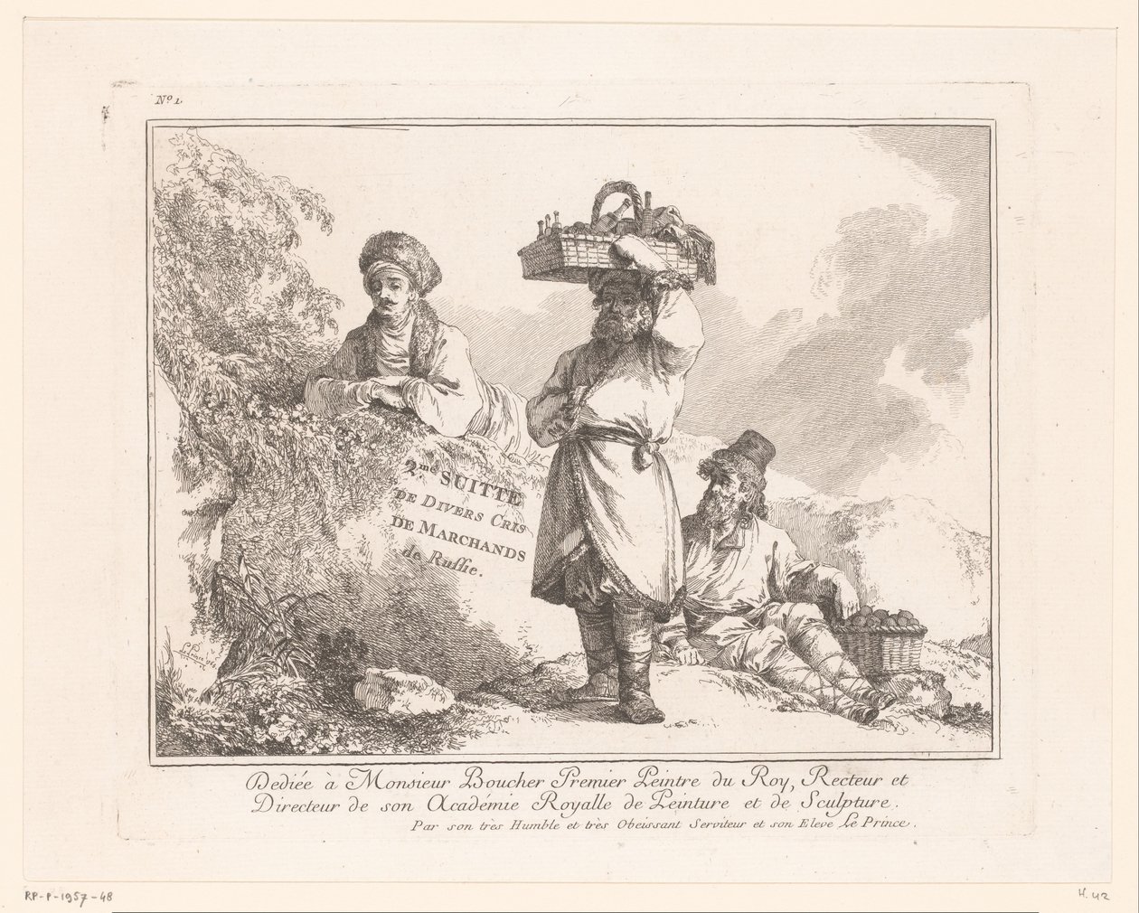 Tre venditori ambulanti con le loro merci vicino a una roccia (2me Suitte de Divers Cris de Marchands de Russie) da Jean Baptist Leprince