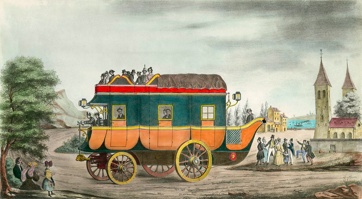 La carrozza (o diligenza) a vapore: invenzione francese del 1835. Incisione di Ange Tissier (1814-1876). 1835. Collezione privata da Jean Baptiste Ange Tissier