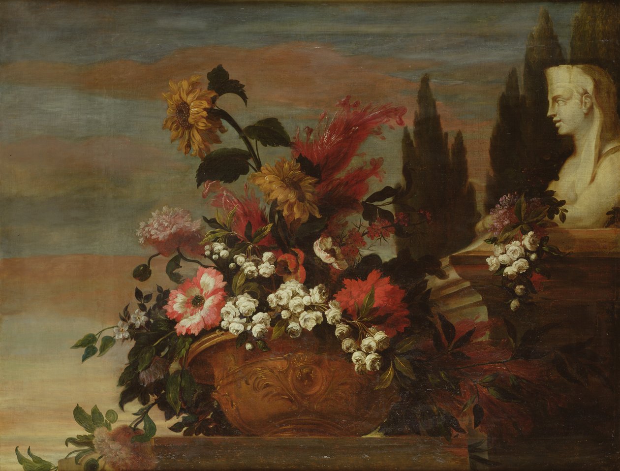Fiori in una bacinella e una sfinge da Jean Baptiste Belin de Fontenay