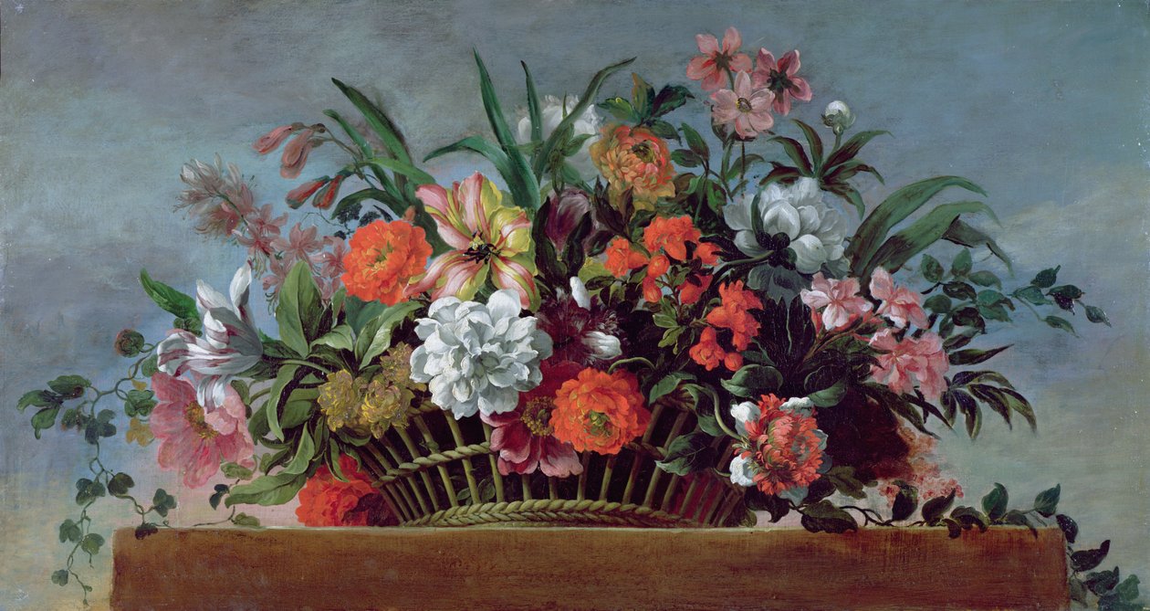 Cesto intrecciato pieno di fiori da Jean Baptiste Belin de Fontenay