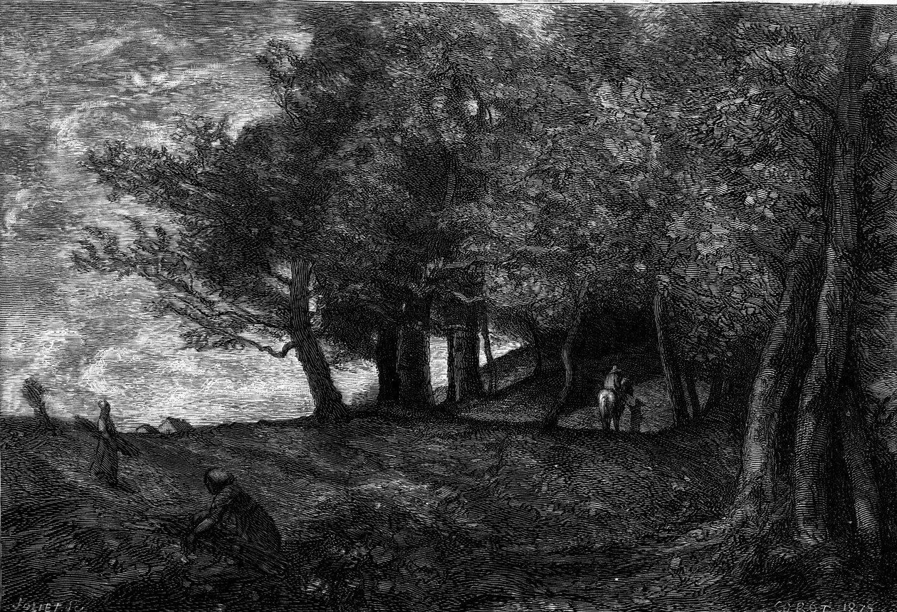 Boscaioli (1870-1871). Incisione dal dipinto di Jean Baptiste Camille Corot (1796-1875) in 