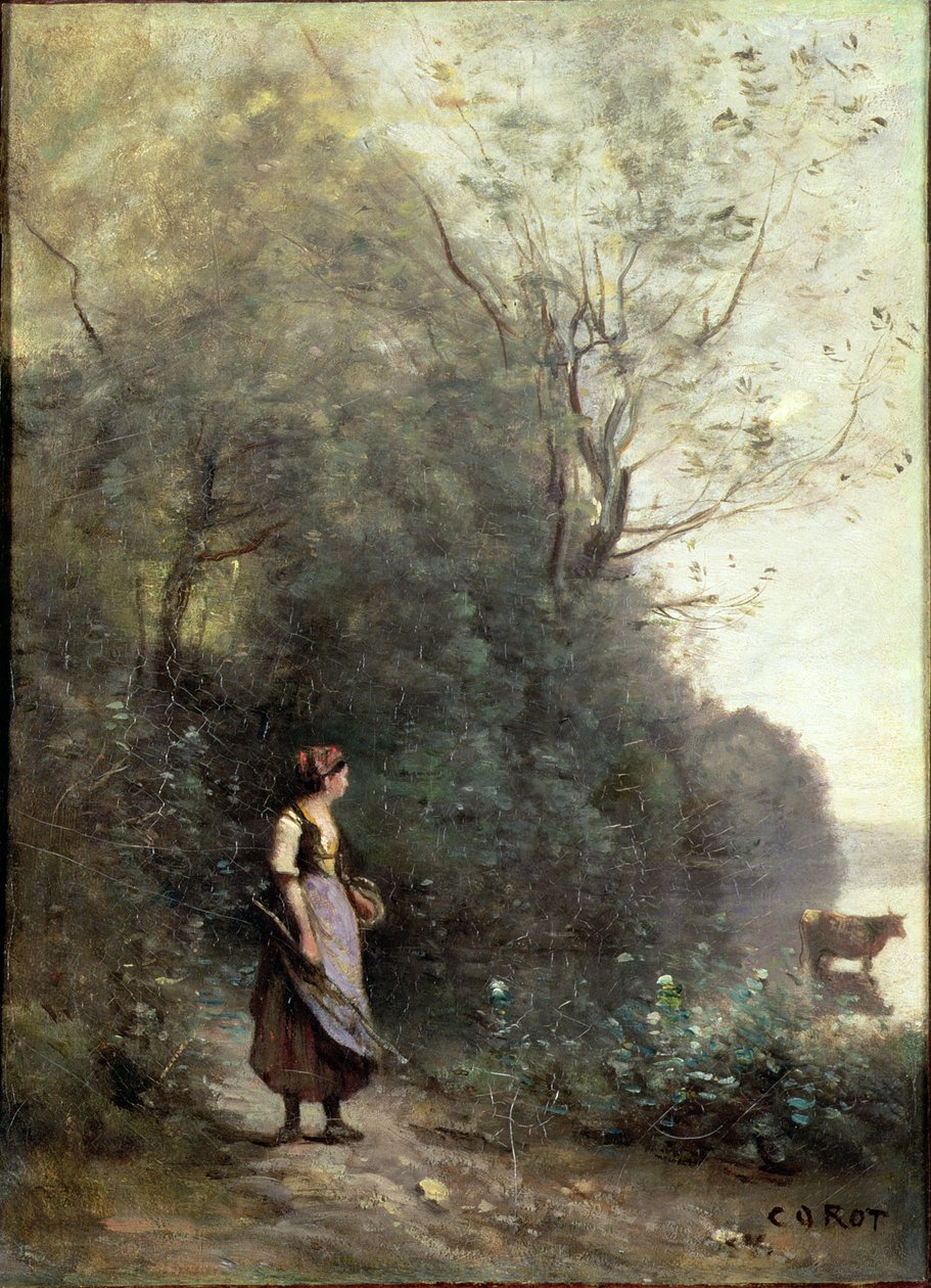 Una contadina che pascola una mucca al margine di una foresta, c.1865-70 da Jean Baptiste Camille Corot