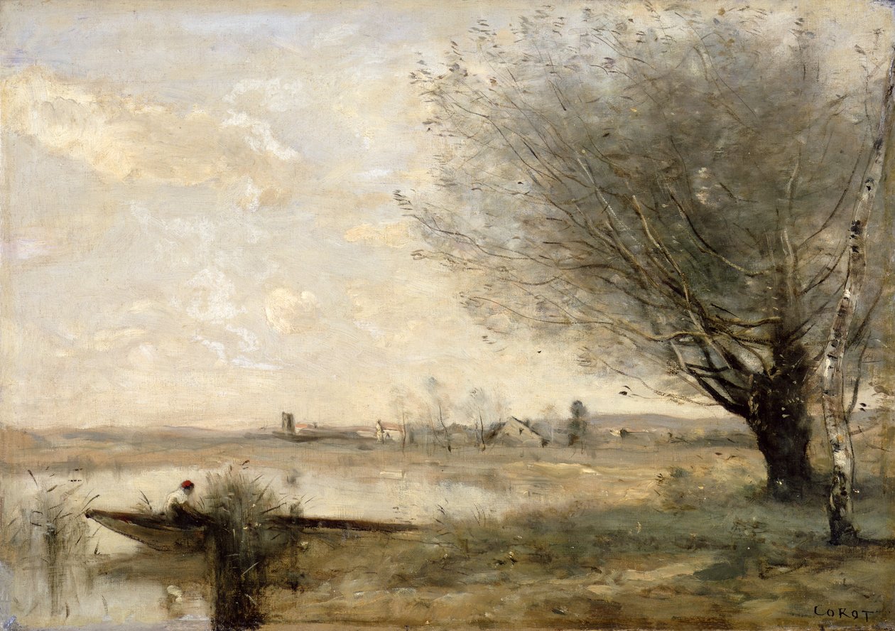Pescatore ormeggiato a una riva da Jean Baptiste Camille Corot