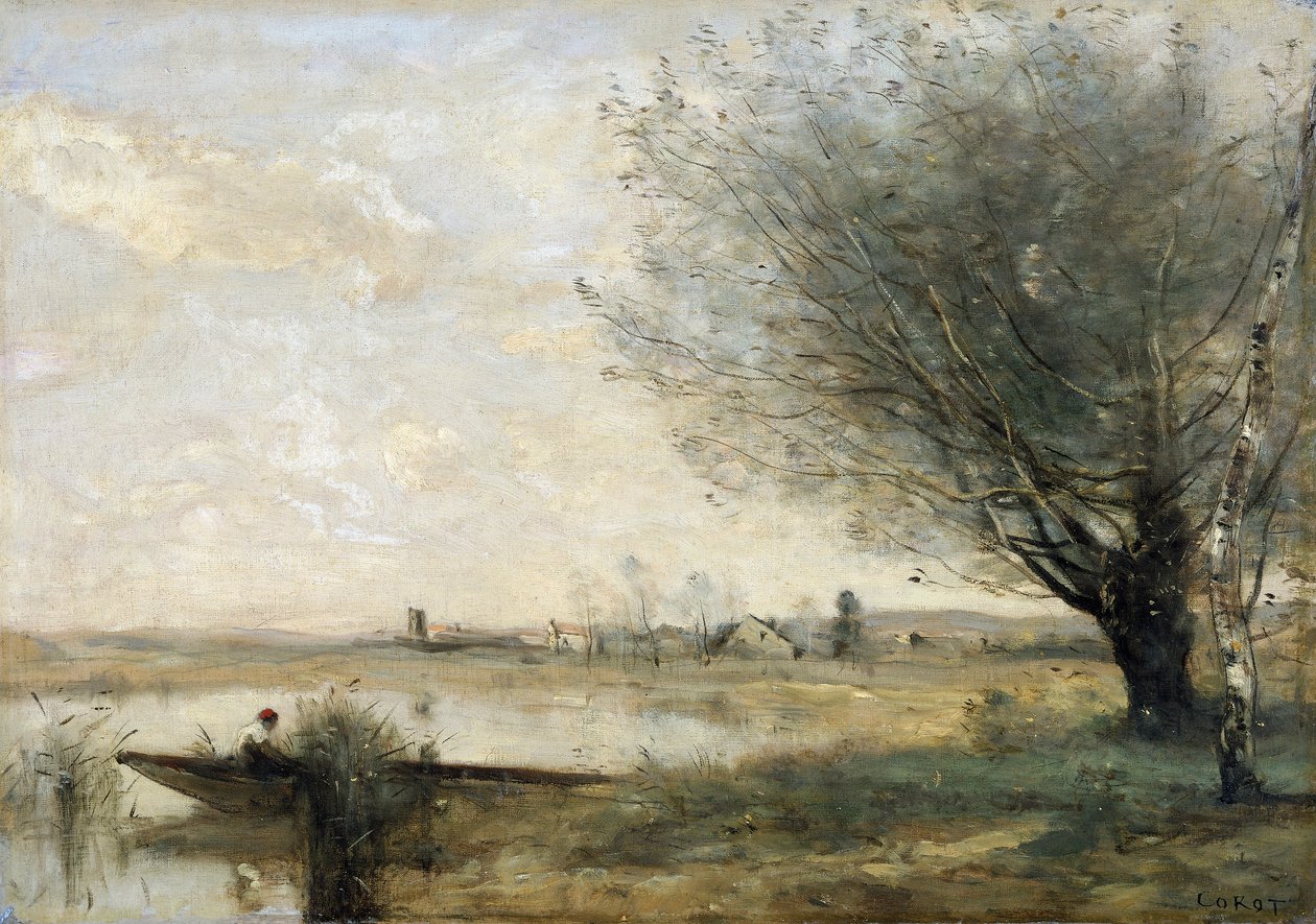 Pescatore ormeggiato a una riva da Jean Baptiste Camille Corot