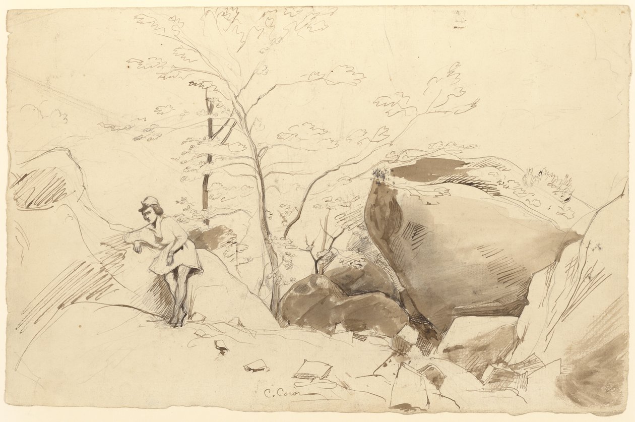 Fontainebleau, Figura appoggiata a una roccia da Jean Baptiste Camille Corot
