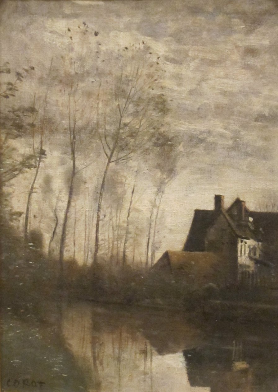 Francese: Scène de rivière avec maisons et peupliers Scena di fiume con case e pioppi da Jean Baptiste Camille Corot