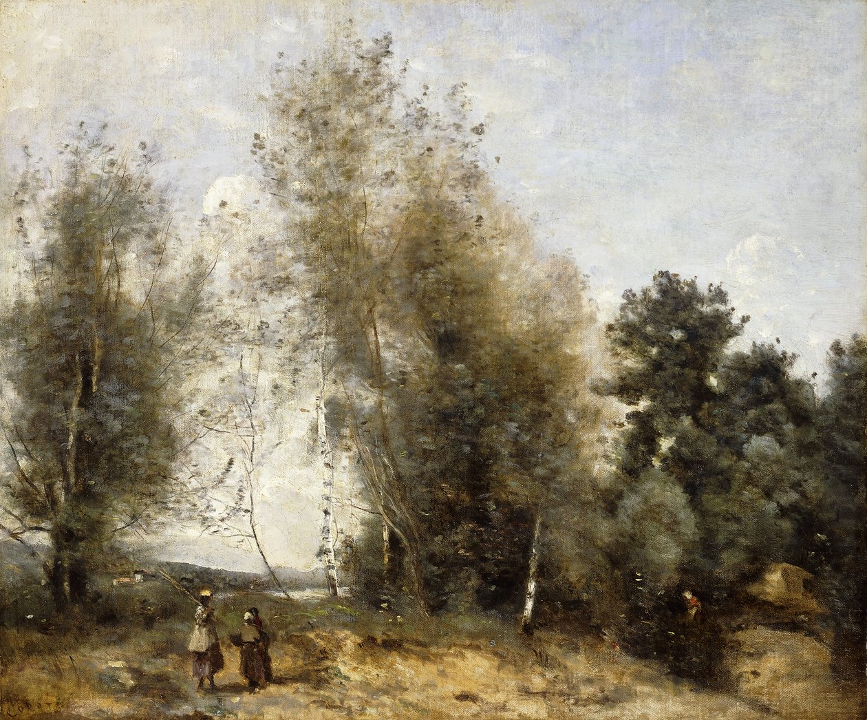 Gruppo di Alberi al Bordo di uno Stagno con Tre Contadini da Jean Baptiste Camille Corot