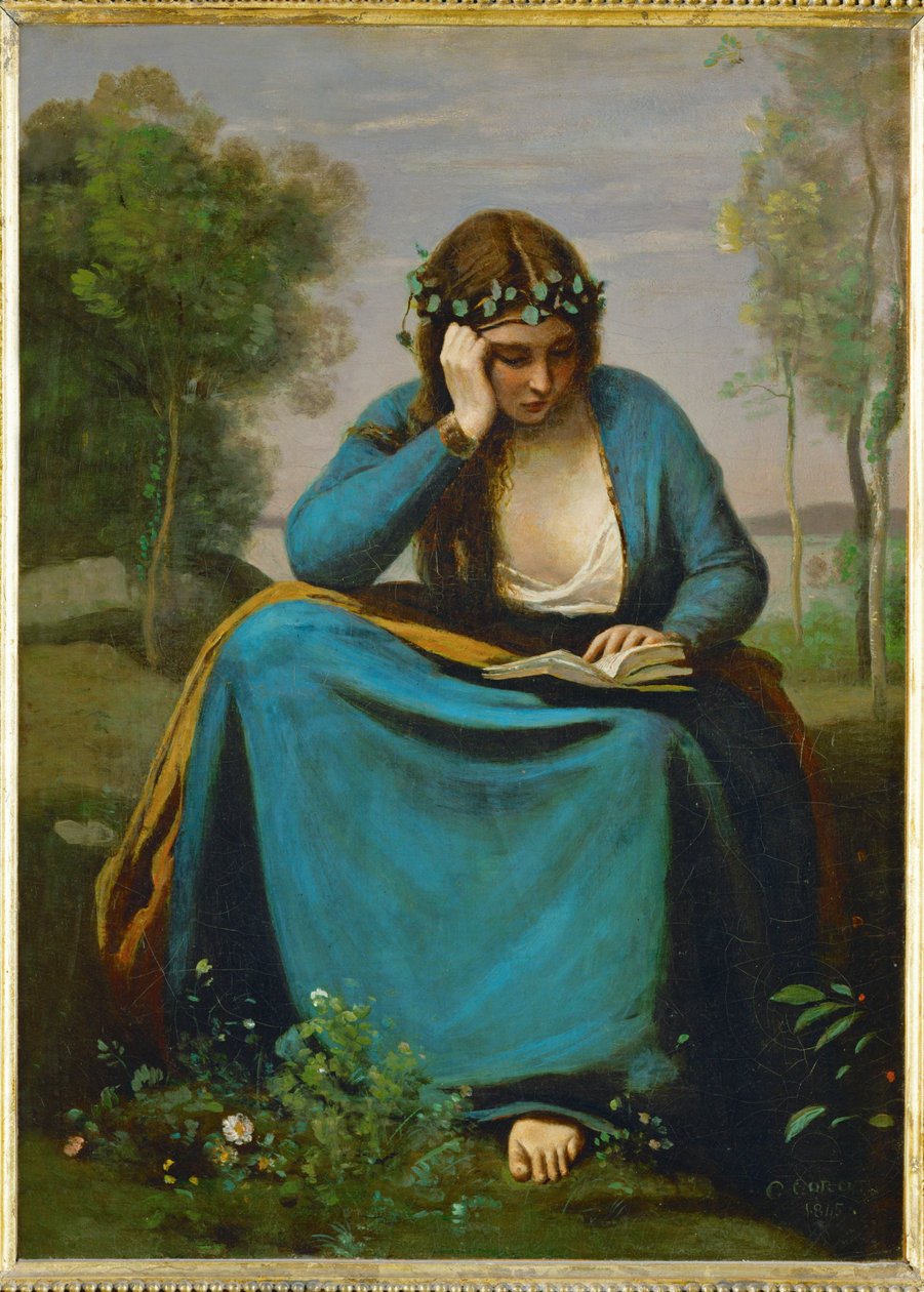 Liseuse couronee des Fleurs o La Muse de Virgil ... da Jean Baptiste Camille Corot
