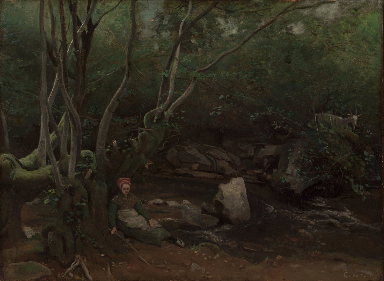 Lormes: Capraia seduta accanto a un ruscello in una foresta da Jean Baptiste Camille Corot