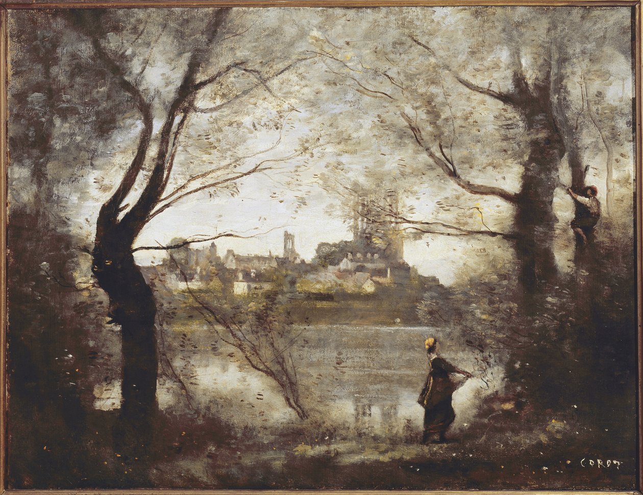 Mantes, cattedrale e città viste attraverso gli alberi, sera da Jean Baptiste Camille Corot