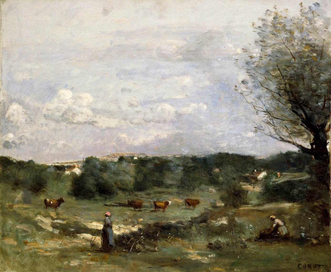 Prato con Mucche, un Salice a Destra e un Villaggio Distante da Jean Baptiste Camille Corot