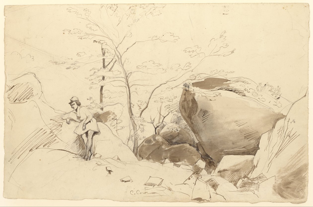 Penna e inchiostro bruno, pennello e lavaggio bruno a matita su carta da Jean Baptiste Camille Corot