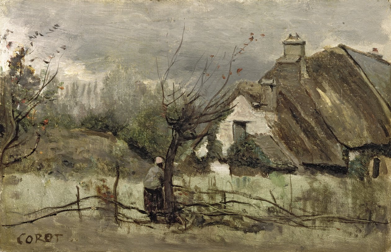 Cottage con tetto di paglia in Picardia da Jean Baptiste Camille Corot