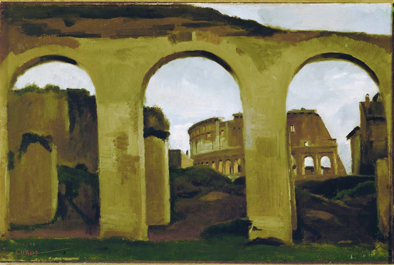 Il Colosseo, visto attraverso le arcate della Basilica di San Costantino, Roma ... da Jean Baptiste Camille Corot