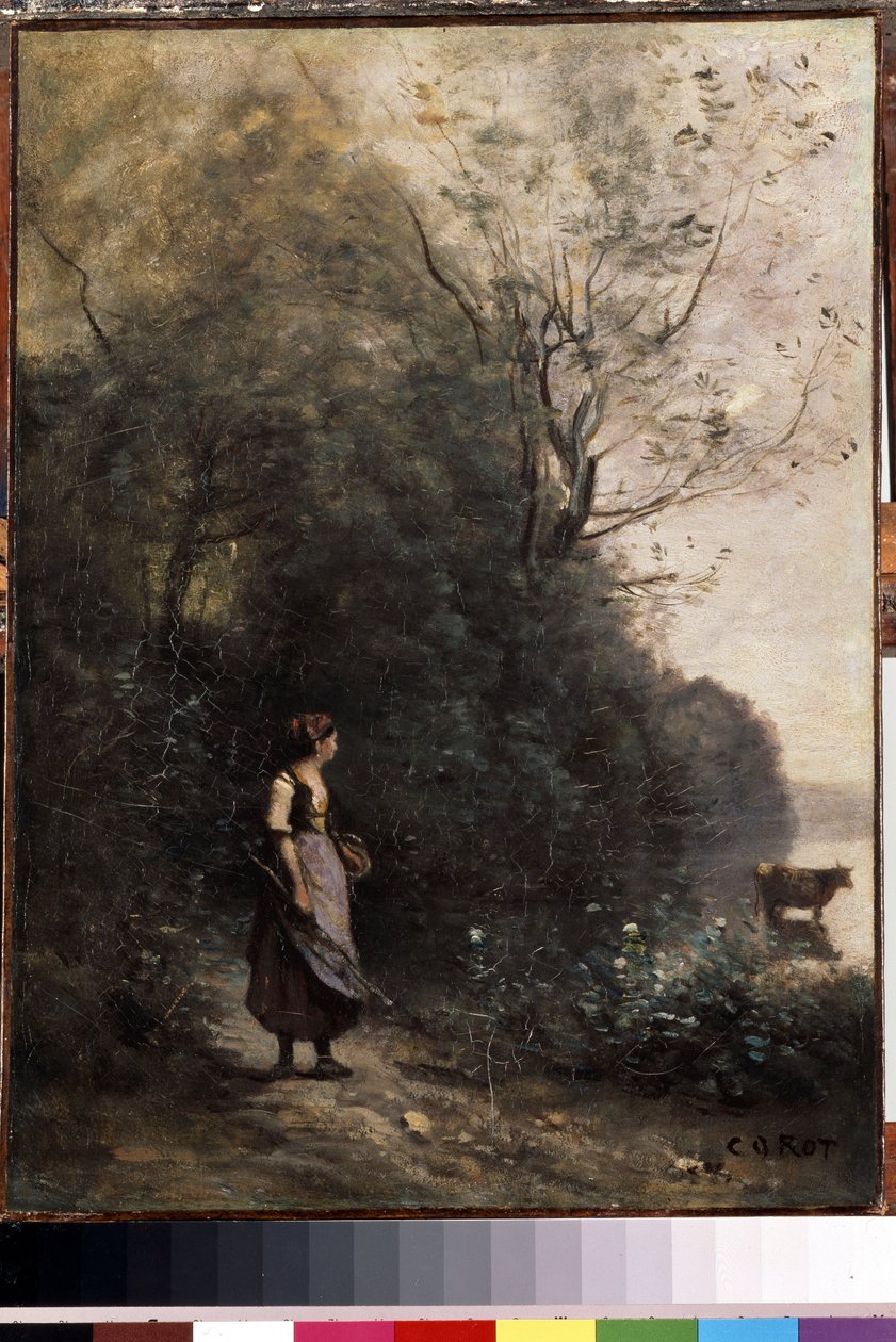 Una pastorella con una mucca al margine della foresta da Jean Baptiste Camille Corot