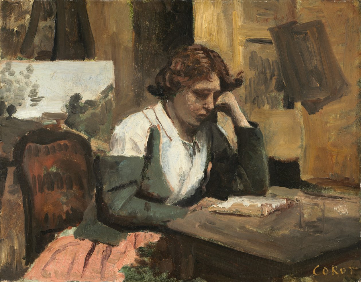 Donna che legge nello studio, 1868 ca. (olio su cartoncino su legno) da Jean Baptiste Camille Corot