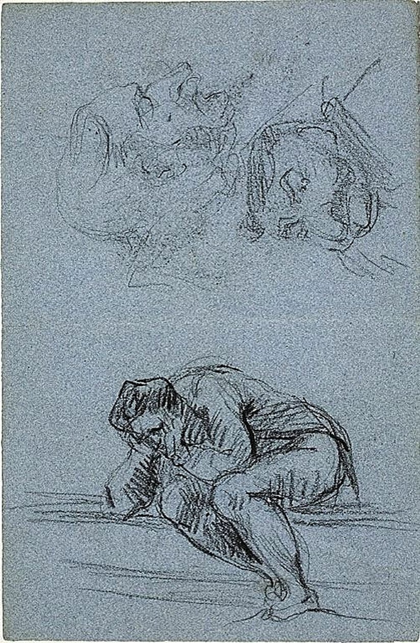 Figura seduta con testa tra le mani e due caricature (recto); quattro figure in una lunetta (verso) da Jean Baptiste Carpeaux