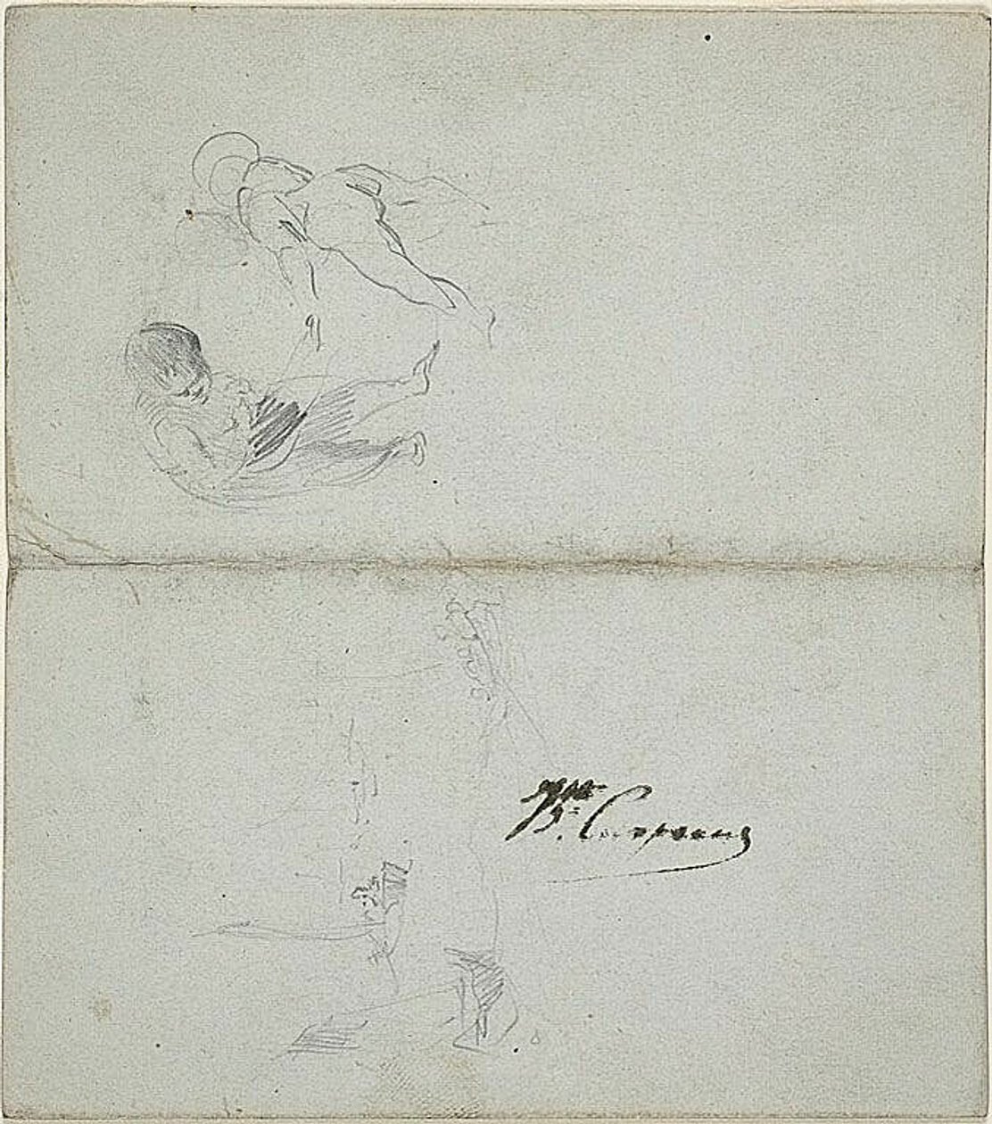 Schizzi di due bambini, barche in mare (recto); schizzi di figura maschile in piedi con bastone e scena costiera (verso). da Jean Baptiste Carpeaux
