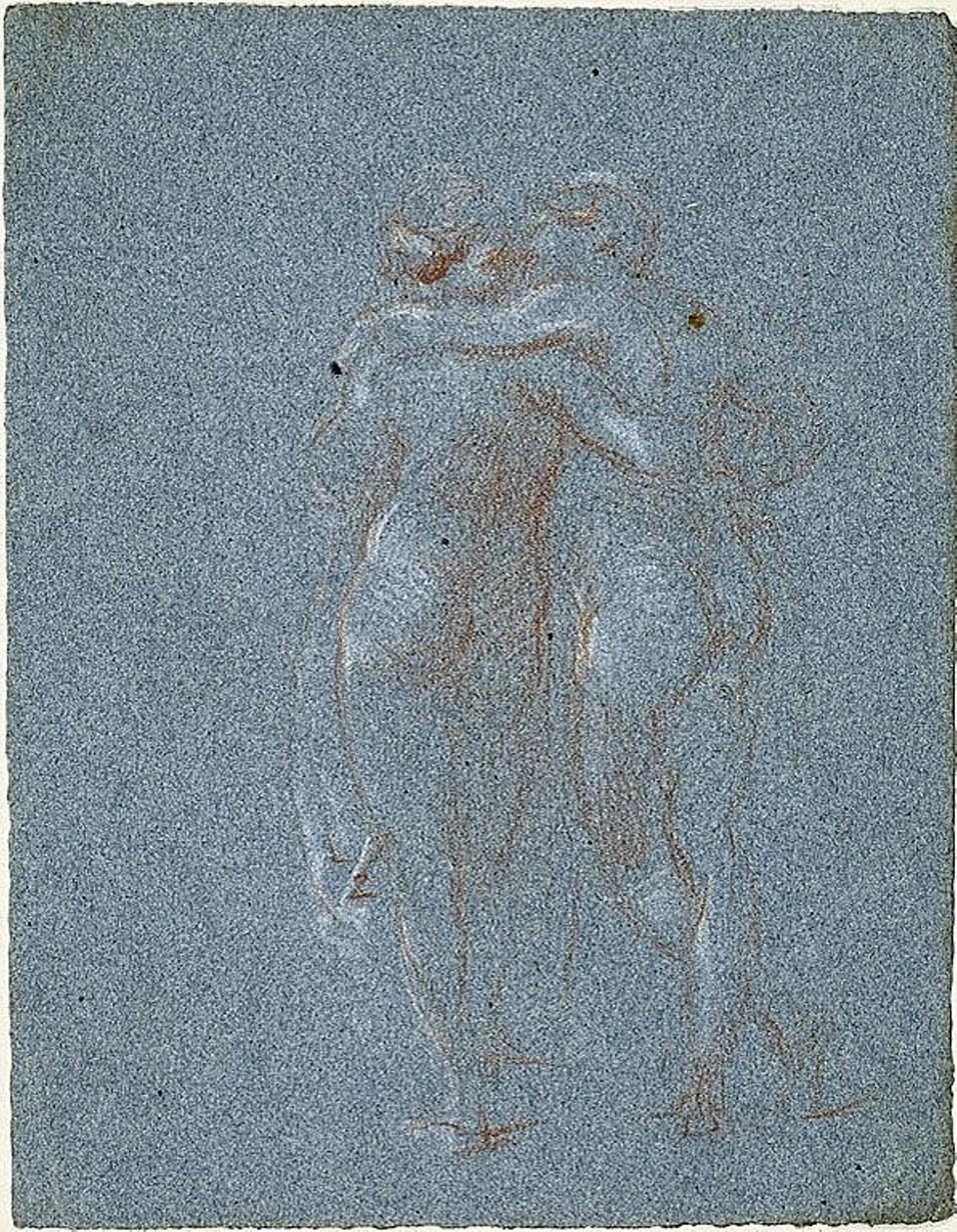 Due figure in piedi, abbracciate (recto); Uomo con falce e schizzi di edifici (verso) da Jean Baptiste Carpeaux