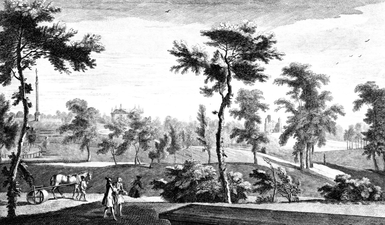 Una vista dal Tempio Greco alla Colonna di Lord Cobham, Giardini di Stowe House, inciso da George Bickham, 1753 da Jean Baptiste Claude Chatelain